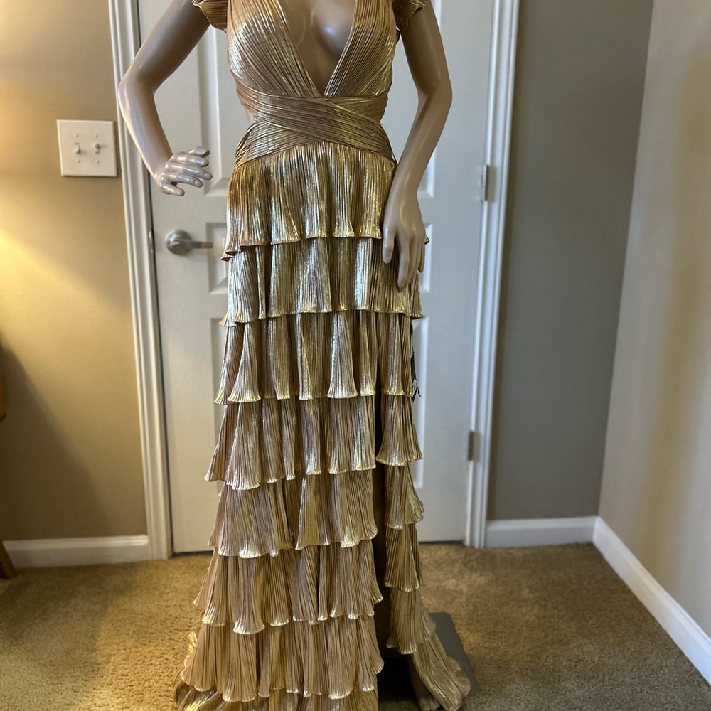 Elegant Gold Tiered Mac Duggal Evening Gown